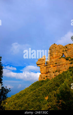 La Cadireta, morro de gos. La Roca Foradada, Las Agulles, Montserrat, mountain, Catalonia Stock Photo