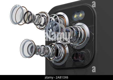 Multi-camera smartphone. Disassembled smartphone cameras, modern lens of smartphone cameras structure. 3D rendering isolated on white background Stock Photo