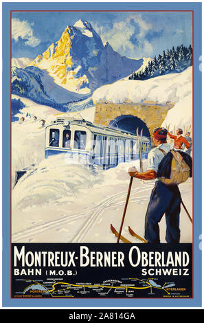 Vintage 1930's Swiss Train Snow Railways Plough Skis Skiing old Travel Poster Winter Snow Train Destination Line Montreux Berner Oberland Switzerland Bahn Train Rail Swiss Railways Schweiz Stock Photo