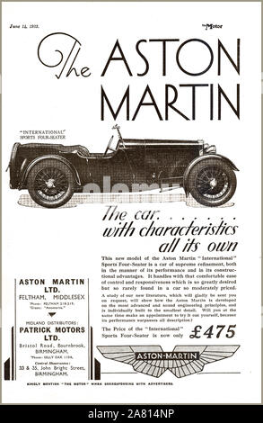Vintage UK ASTON MARTIN 1930's British Motorcar Press Advertisement for The Aston Martin International Sports 4 seater 1932  ' The car with characteristics all its own' priced at £475 Stock Photo