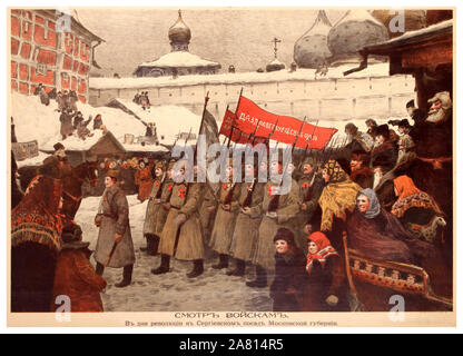 Vintage 1917 Revolution Russian Soviet propaganda poster showing Revolutionary soldiers marching with a banner Freedom in Sergiev Posad of the Moscow Province. The February Revolution, known in Soviet history as the February Bourgeois Democratic Revolution and sometimes as the March Revolution, was the first of two revolutions which took place in Russia in 1917. The main events of the revolution took place in and near Petrograd , the then-capital of Russia, where long-standing discontent with the monarchy erupted into mass protests against food rationing Stock Photo