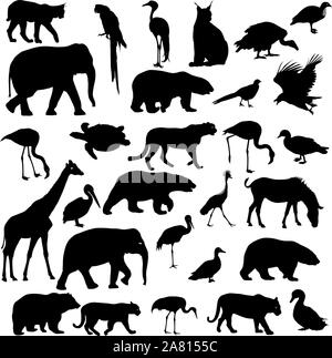 Silhouette elephant bear eagle trot duck zebra parrot on a white background. Stock Vector
