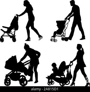 Set silhouettes walkings mothers with baby strollers. Stock Vector