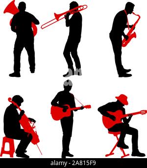 Silhouettes street musicians playing instruments on a white background. Stock Vector