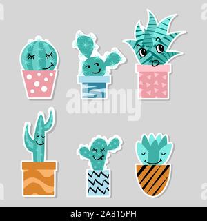 Set of stickers with cute cactuses. Funny smiling houseplants in pots. Flat vector illustration. Stock Vector