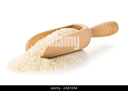 Heap of white uncooked, raw long grain rice in wooden scoop on white background Stock Photo