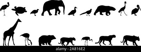 Silhouette elephant bear eagle trot duck zebra parrot on a white background. Stock Vector