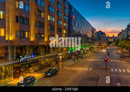 An evening view of Vasagatan Street in downtown Stockholm, Sweden. Stock Photo