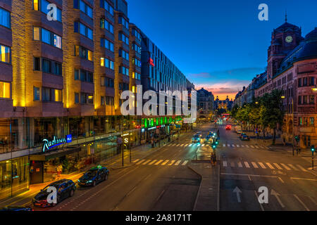 An evening view of Vasagatan Street in downtown Stockholm, Sweden. Stock Photo