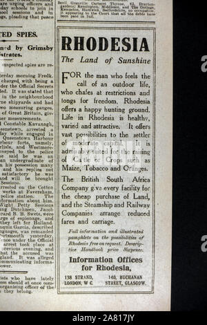 Replica newspaper at the start of WWI: Advert in the Daily News & Reader newspaper on 5th Aug 1914 encouraging emigration to Rhodesia (Zimbabwe) Stock Photo