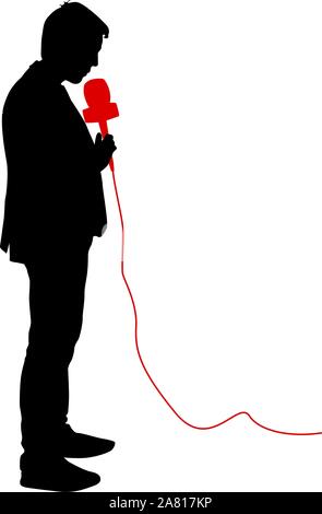 Silhouette operator removes journalist with microphone on a white background. Stock Vector