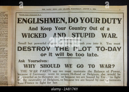 Replica newspaper at the start of WWI: Advert in the Daily News & Reader newspaper on 5th Aug 1914 from the Neutrality League against going to war. Stock Photo