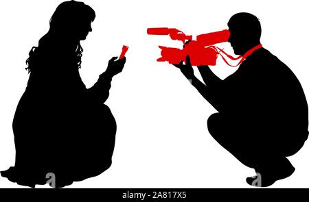 Silhouette operator removes journalist with microphone on a white background. Stock Vector