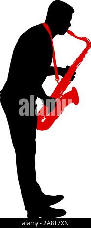 Silhouette of musician playing the saxophone on a white background. Stock Vector