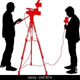 Silhouette operator removes journalist with microphone on a white background. Stock Vector