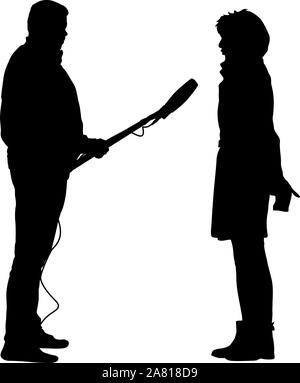 Silhouette operator removes journalist with microphone on a white background. Stock Vector