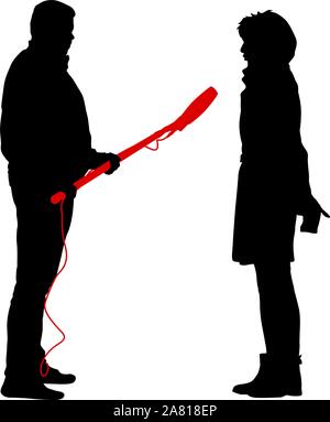 Silhouette operator removes journalist with microphone on a white background. Stock Vector