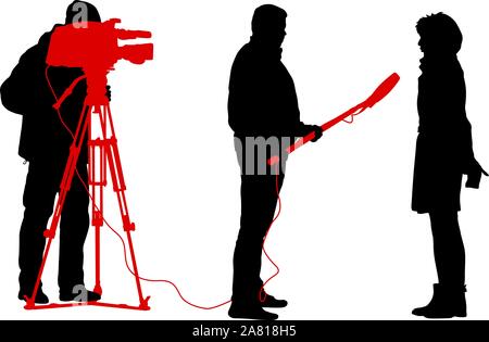Silhouette operator removes journalist with microphone on a white background. Stock Vector