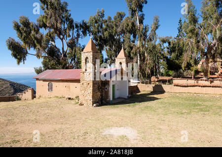 Small Christian church at Island of the Sun in Lake Titicaca, Bolivia Stock Photo