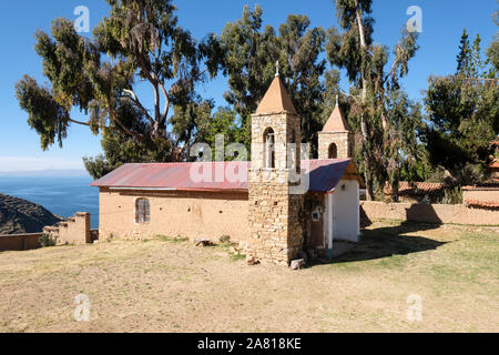 Small Christian church at Island of the Sun in Lake Titicaca, Bolivia Stock Photo