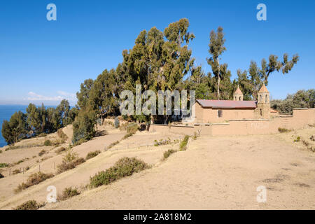 Small Christian church at Island of the Sun in Lake Titicaca, Bolivia Stock Photo