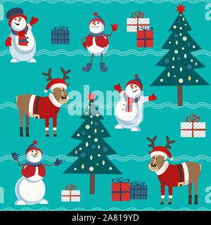 Cute snowman, reindeer, christmas tree vector seamless pattern Stock Vector