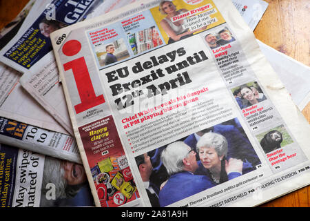 'EU delays Brexit until 12th April' i newspaper front page headline on 22 March 2019 in London England UK Stock Photo