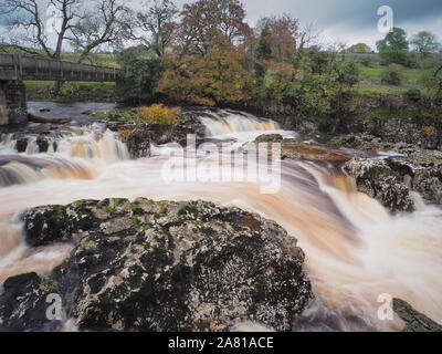 Torrent of water cascading over Linton Falls, River Wharfe, Grassington, Wharfedale, Yorkshire Dales Stock Photo