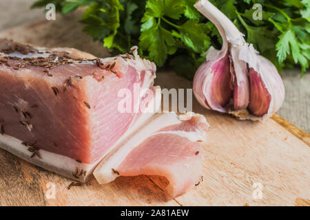 Appetizer in Russian - lard, garlic and parsley Stock Photo