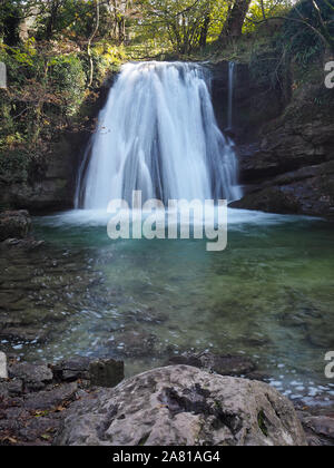 Torrent of water in Gordale Beck cascading over Janet's Foss, Yorkshire Dales Stock Photo