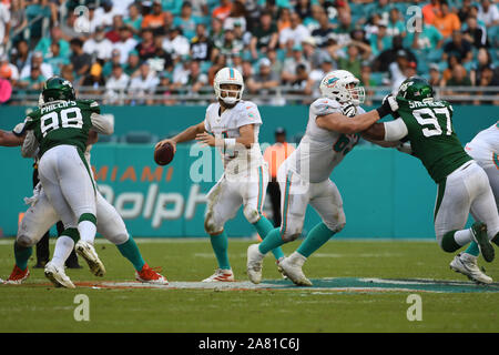Miami Gardens FL, USA. 3rd Nov, 2019. Ryan Fitzpatrick #14 of Miami in action during the NFL football game between the Miami Dolphins and New York Jets at Hard Rock Stadium in Miami Gardens FL. The Patriots defeated the Dolphins 26-18. Credit: csm/Alamy Live News Stock Photo