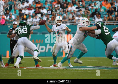 Miami Gardens FL, USA. 3rd Nov, 2019. Ryan Fitzpatrick #14 of Miami in action during the NFL football game between the Miami Dolphins and New York Jets at Hard Rock Stadium in Miami Gardens FL. The Patriots defeated the Dolphins 26-18. Credit: csm/Alamy Live News Stock Photo