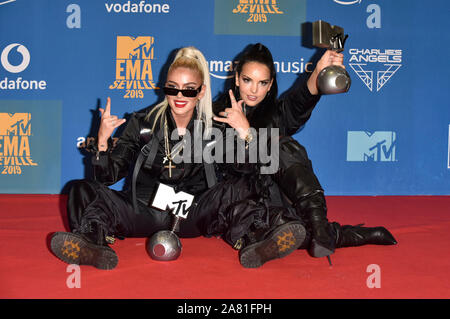 Loredana Zefi and Juju attending the MTV EMAs 2019 at FIBES Conference and Exhibition Centre on November 3, 2019 in Seville, Spain. Stock Photo