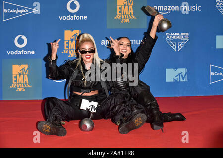 Loredana Zefi and Juju attending the MTV EMAs 2019 at FIBES Conference and Exhibition Centre on November 3, 2019 in Seville, Spain. Stock Photo