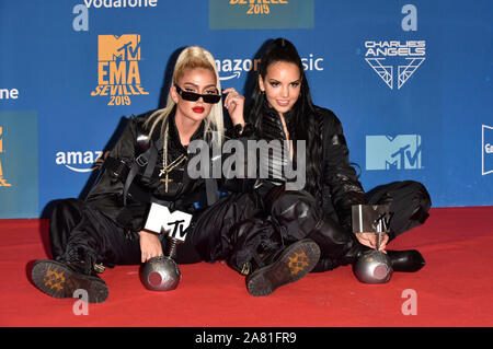 Loredana Zefi and Juju attending the MTV EMAs 2019 at FIBES Conference and Exhibition Centre on November 3, 2019 in Seville, Spain. Stock Photo