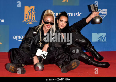 Loredana Zefi and Juju attending the MTV EMAs 2019 at FIBES Conference and Exhibition Centre on November 3, 2019 in Seville, Spain. Stock Photo