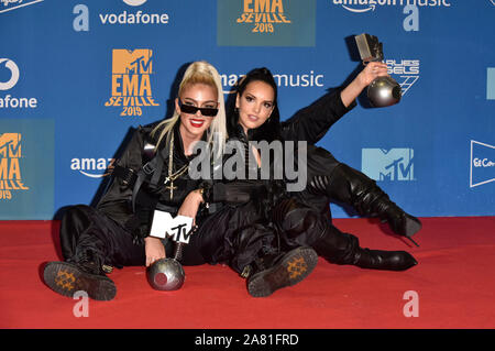 Loredana Zefi and Juju attending the MTV EMAs 2019 at FIBES Conference and Exhibition Centre on November 3, 2019 in Seville, Spain. Stock Photo