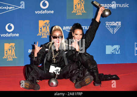 Loredana Zefi and Juju attending the MTV EMAs 2019 at FIBES Conference and Exhibition Centre on November 3, 2019 in Seville, Spain. Stock Photo