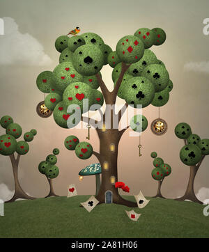 Grassy hill with surreal trees and playing cards inspired by Alice in Wonderland tale Stock Photo