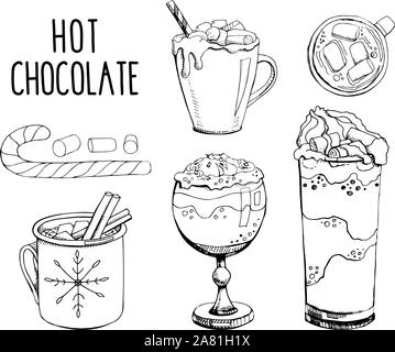 Set of hand drawn vector illustrations isolated on a white background. Hot chocolate with Christmas candy cane and marshmallow. Modern calligraphy. Cl Stock Vector