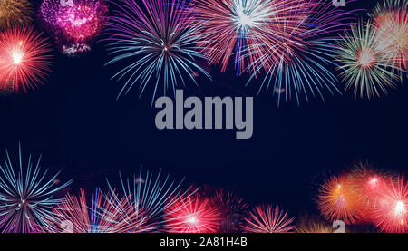 Banner of Brightly Colorful Fireworks background. Festive or celebration concept. Copy space Stock Photo