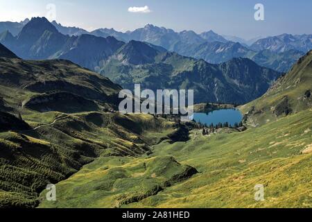 View of Lake Seealpsee and Allgau Alps, Nebelhorn, Oberstdorf, Oberallgau, Allgau, Bavaria, Germany Stock Photo
