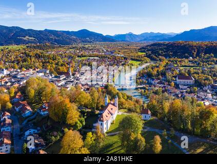 Calvary with Church of the Holy Cross and St. Leonhard Chapel, Bad Tolz, Isar, Isarwinkel, aerial view, Upper Bavaria, Bavaria, Germany Stock Photo