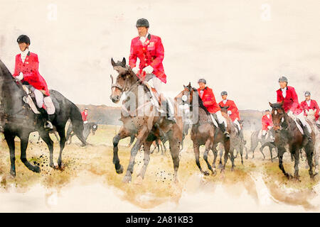 Watercolor painting of riders in red uniforms jumping a log fence at a ...