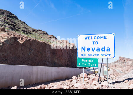 Welcome to Nevada, road sign, Pacific Time Zone, US highway 93 near the Mike O'Callaghan-Pat 