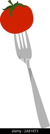 Fork with tomato, illustration, vector on white background. Stock Vector