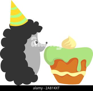 Hedgehog with cake, illustration, vector on white background. Stock Vector