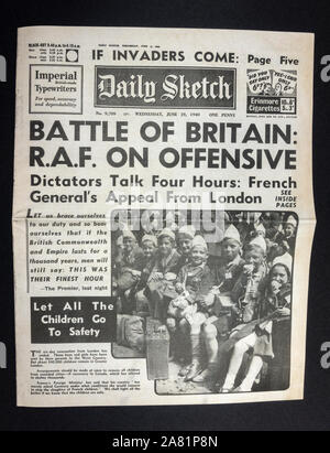 Replica newspaper during the Battle of Britain: Front page of the Daily Sketch on 19th June 1940, with 'Battle of Britain: RAF on offensive' headline. Stock Photo