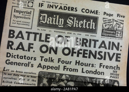 Replica newspaper during the Battle of Britain: Front page of the Daily Sketch on 19th June 1940, with 'Battle of Britain: RAF on offensive' headline. Stock Photo