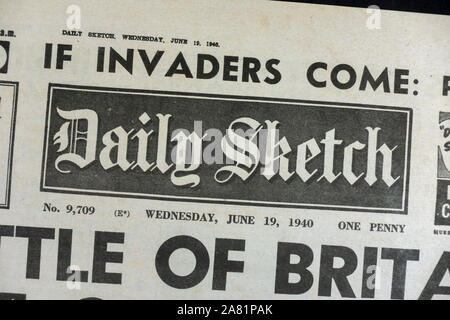 Replica newspaper during the Battle of Britain: Mast head of the Daily Sketch newspaper on 19th June 1940. Stock Photo